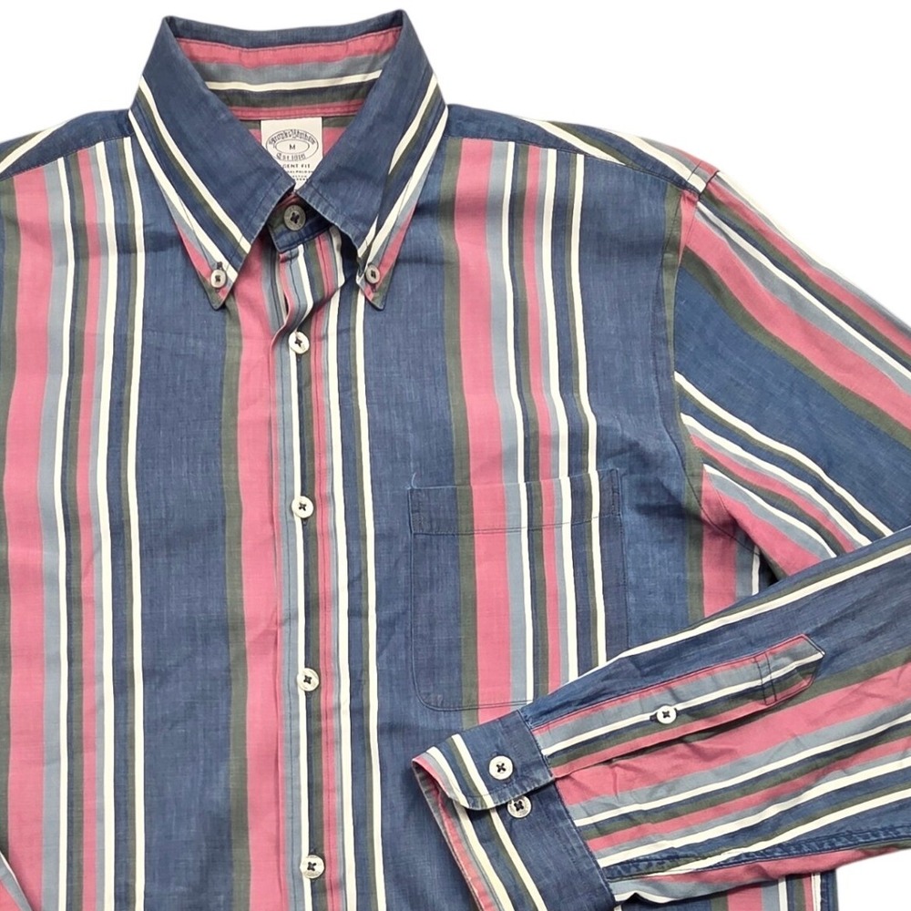 Brooks Brothers Regent Fit Striped Button Down Shirt Mens Medium Blue Pink